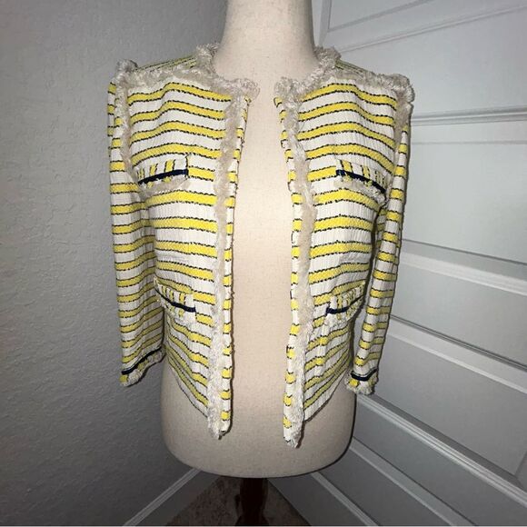 Veronica Beard Stripe Print Frayed Trim 3/4 Length Sleeve Hook Closure Jacket - Picture 1 of 11